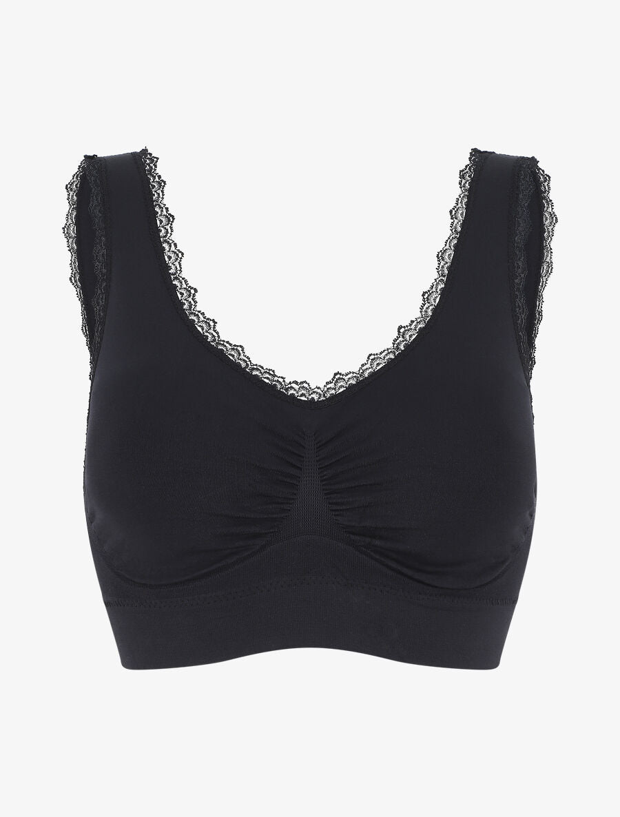 Brassière uni avec coussinets amovibles et broderies - Noir - 4