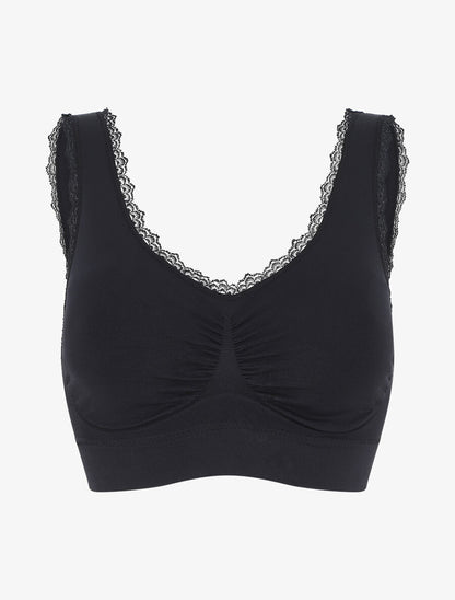 Brassière uni avec coussinets amovibles et broderies - Noir - 4