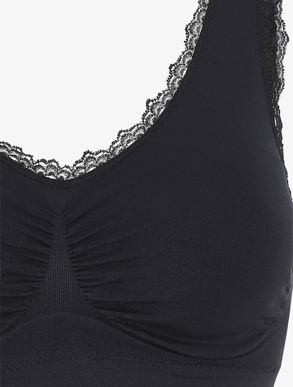 Brassière uni avec coussinets amovibles et broderies - Noir - 3
