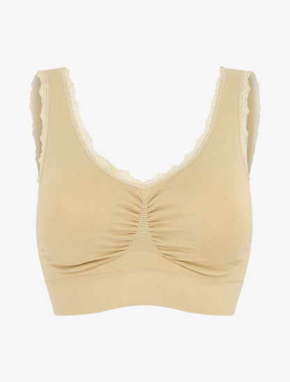 Brassière uni avec coussinets amovibles et broderies - Beige - 4