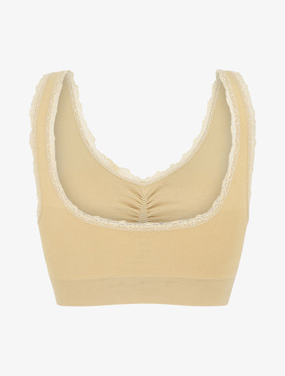 Brassière uni avec coussinets amovibles et broderies - Beige - 2