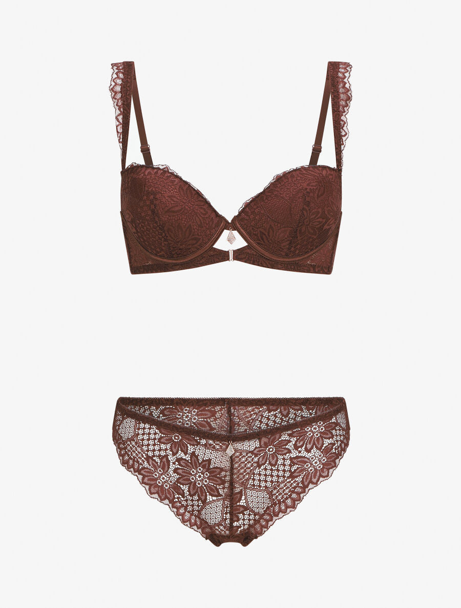 Ensemble soutien-gorge à détail bijou strassé - Marron - 1