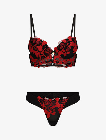 Ensemble lingerie en dentelle motif roses - Rouge - 1