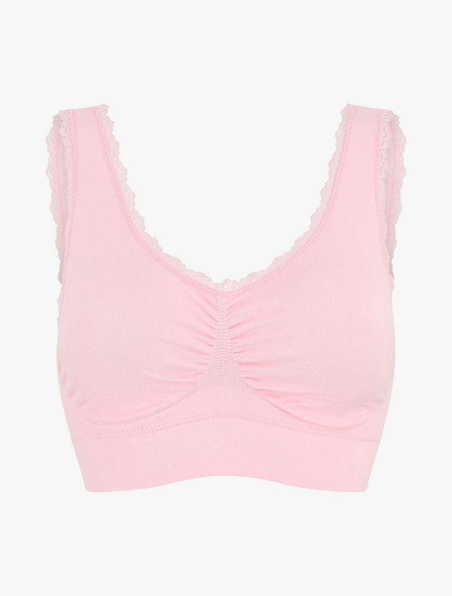 Brassière uni avec coussinets amovibles et broderies - Rose - 1