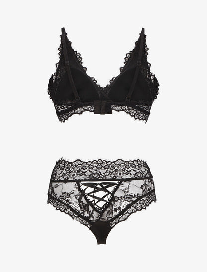 Ensemble soutien-gorge triangle et string en dentelle - Noir - 2