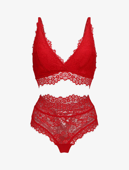 Ensemble soutien-gorge triangle et string en dentelle - Rouge - 3