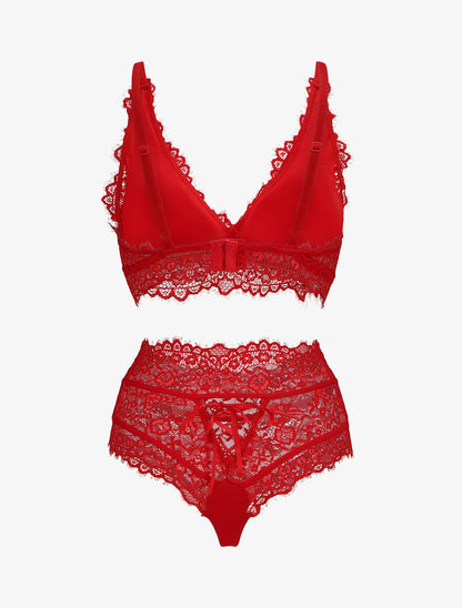 Ensemble soutien-gorge triangle et string en dentelle - Rouge - 2
