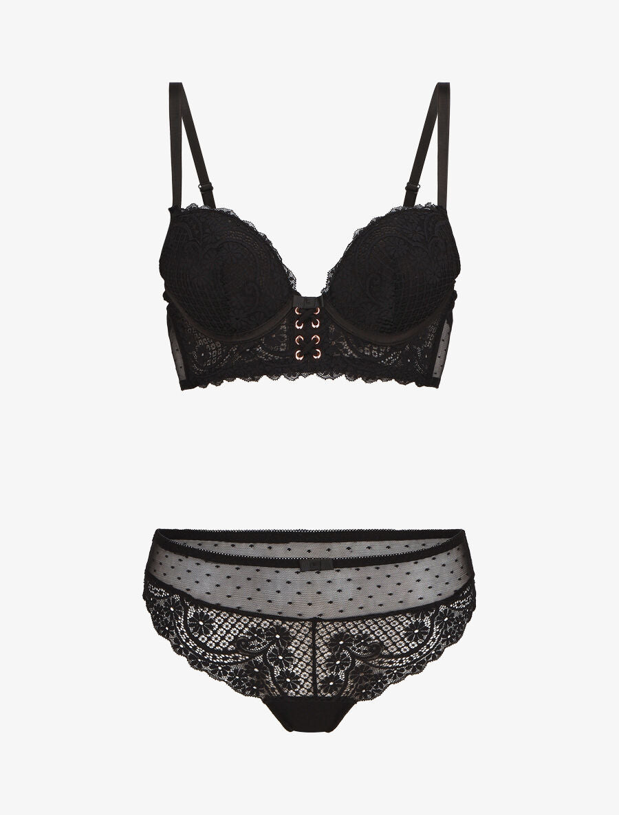 Ensemble soutien-gorge et tanga en dentelle - Noir - 1