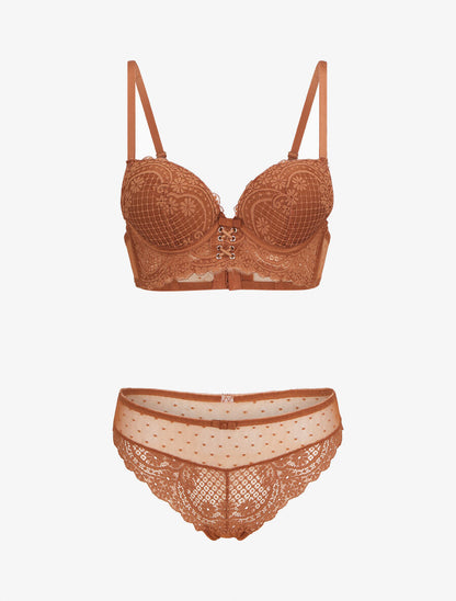 Ensemble soutien-gorge et tanga en dentelle - Camel - 1