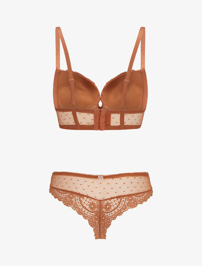 Ensemble soutien-gorge et tanga en dentelle - Camel - 2