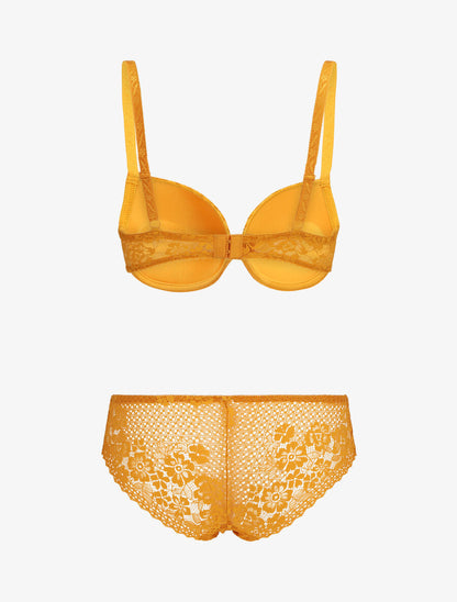 Ensemble push up et culotte en dentelle - Jaune moutarde - 2