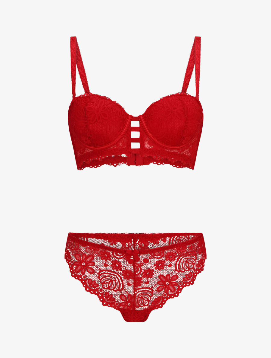 Ensemble soutien-gorge et tanga en dentelle florale - Rouge - 1