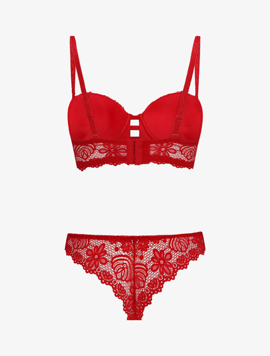 Ensemble soutien-gorge et tanga en dentelle florale - Rouge - 2