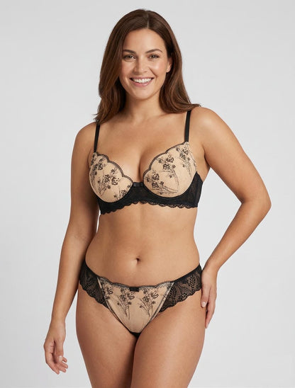 Coordinato reggiseno e perizoma in pizzo iridescente - Nero/beige