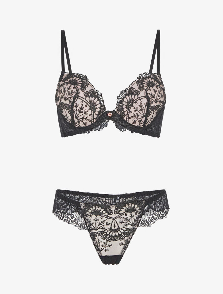 Ensemble soutien-gorge et string en dentelle fantaisie - Noir - 1
