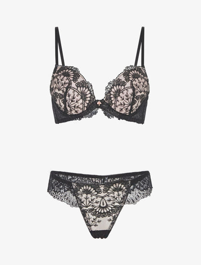 Ensemble soutien-gorge et string en dentelle fantaisie - Noir - 1