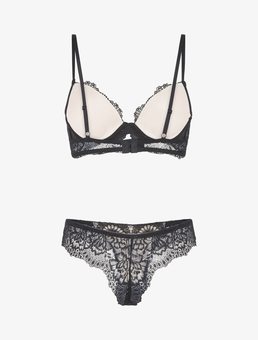 Ensemble soutien-gorge et string en dentelle fantaisie - Noir - 2