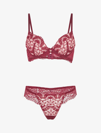 Ensemble soutien-gorge et string en dentelle fantaisie - Bordeaux - 4
