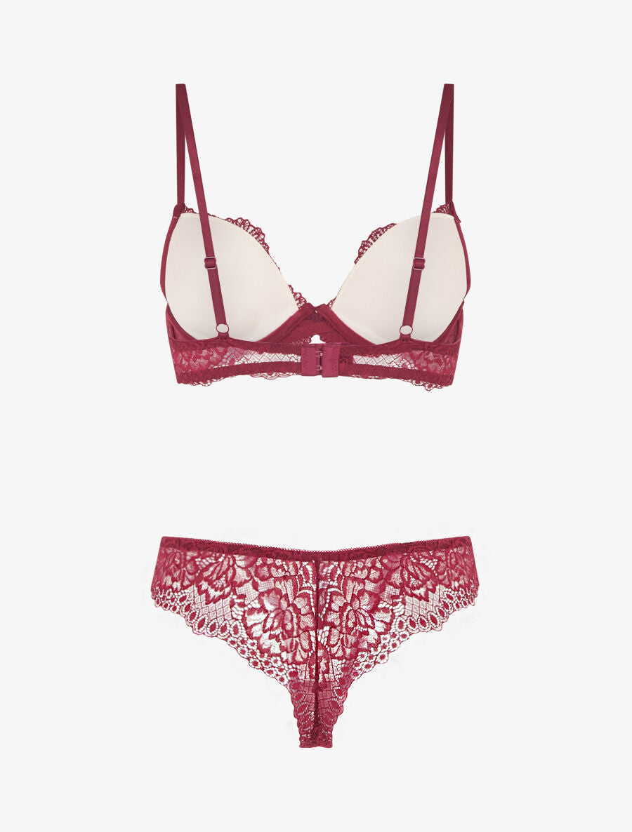 Ensemble soutien-gorge et string en dentelle fantaisie - Bordeaux - 2