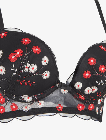 Ensemble soutien-gorge et culotte motif fleurs brodées - Noir - 3