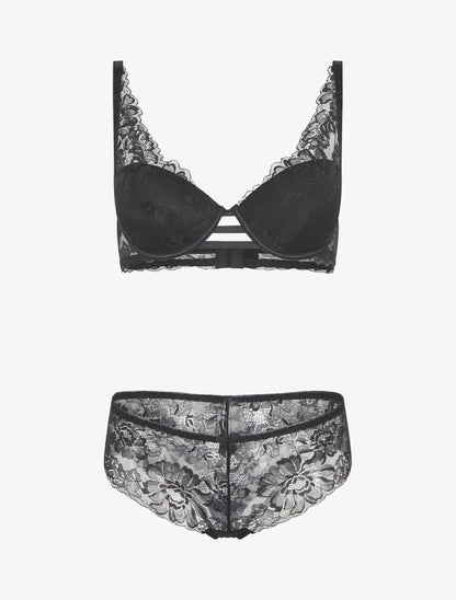 Ensemble soutien-gorge push-up et culotte en dentelle fleurie - Noir - 4