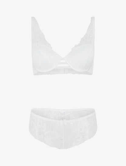 Ensemble soutien-gorge push-up et culotte en dentelle fleurie - Blanc - 4