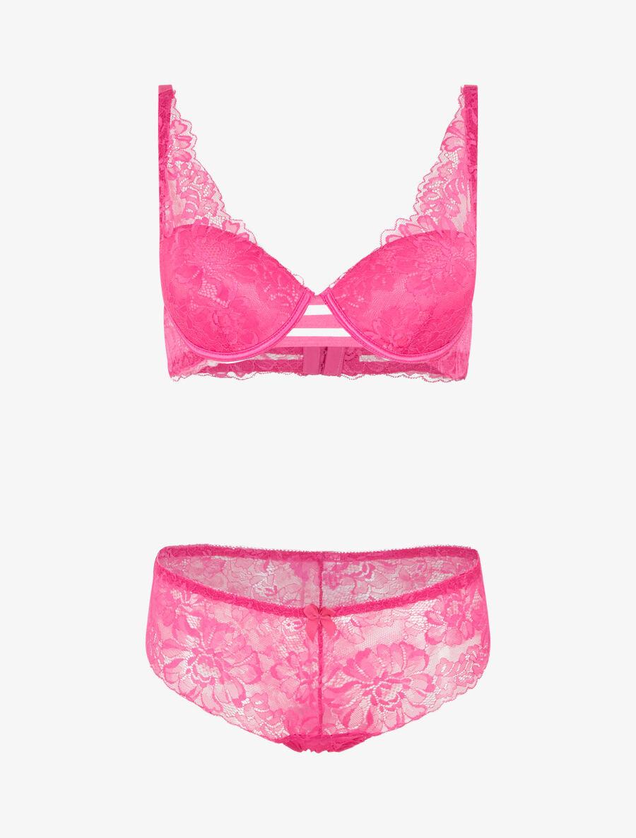 Ensemble soutien-gorge push-up et culotte en dentelle fleurie - Fuchsia - 1