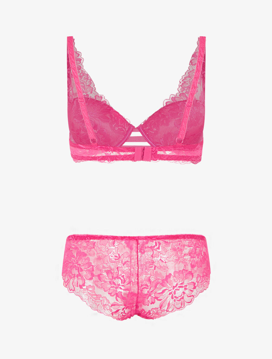 Ensemble soutien-gorge push-up et culotte en dentelle fleurie - Fuchsia - 2