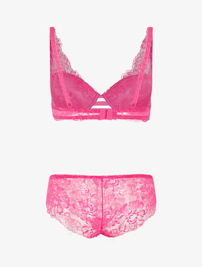 Ensemble soutien-gorge push-up et culotte en dentelle fleurie - Fuchsia - 2