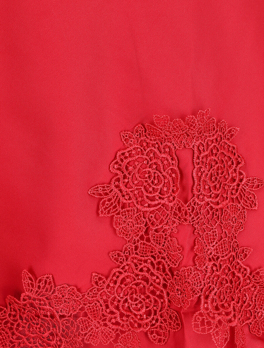 Nuisette satinée col en dentelle - Rouge - 3