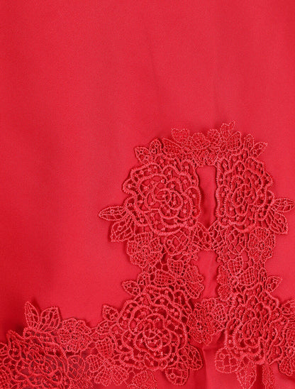 Nuisette satinée col en dentelle - Rouge - 3