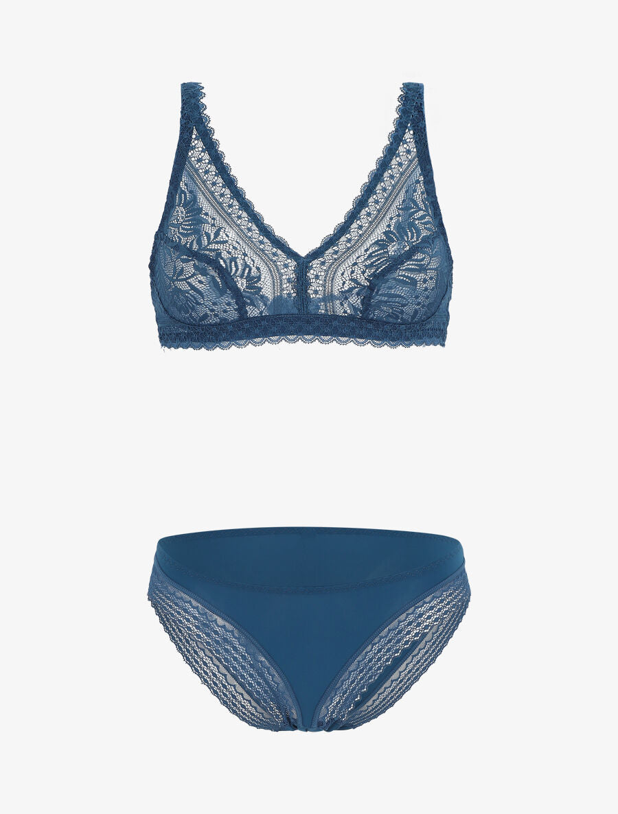 Ensemble en dentelle à motifs fleuri - Bleu canard - 5