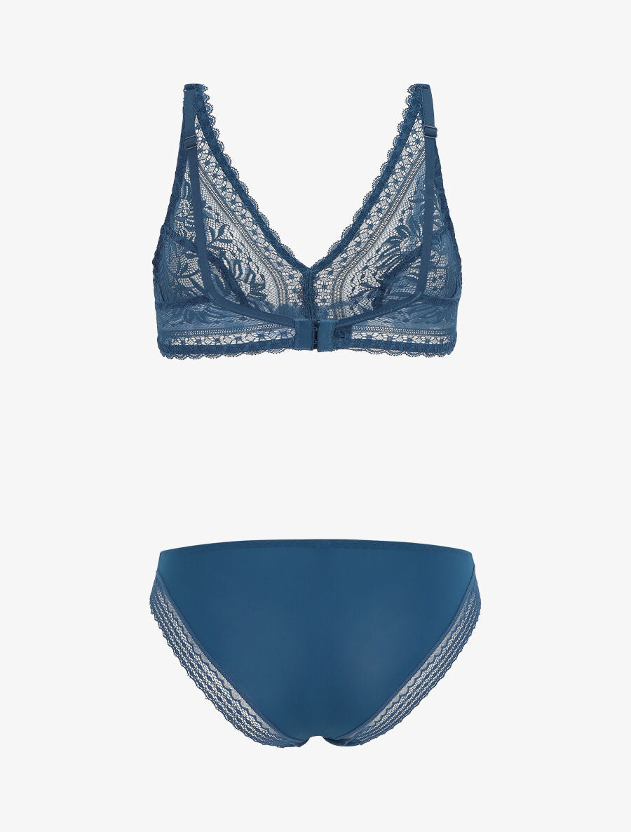 Ensemble en dentelle à motifs fleuri - Bleu canard - 3