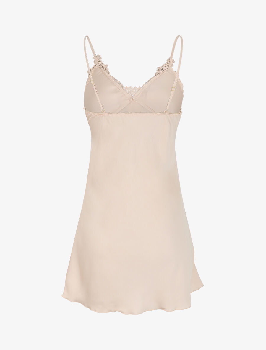 Nuisette satinée col en dentelle - Beige - 2