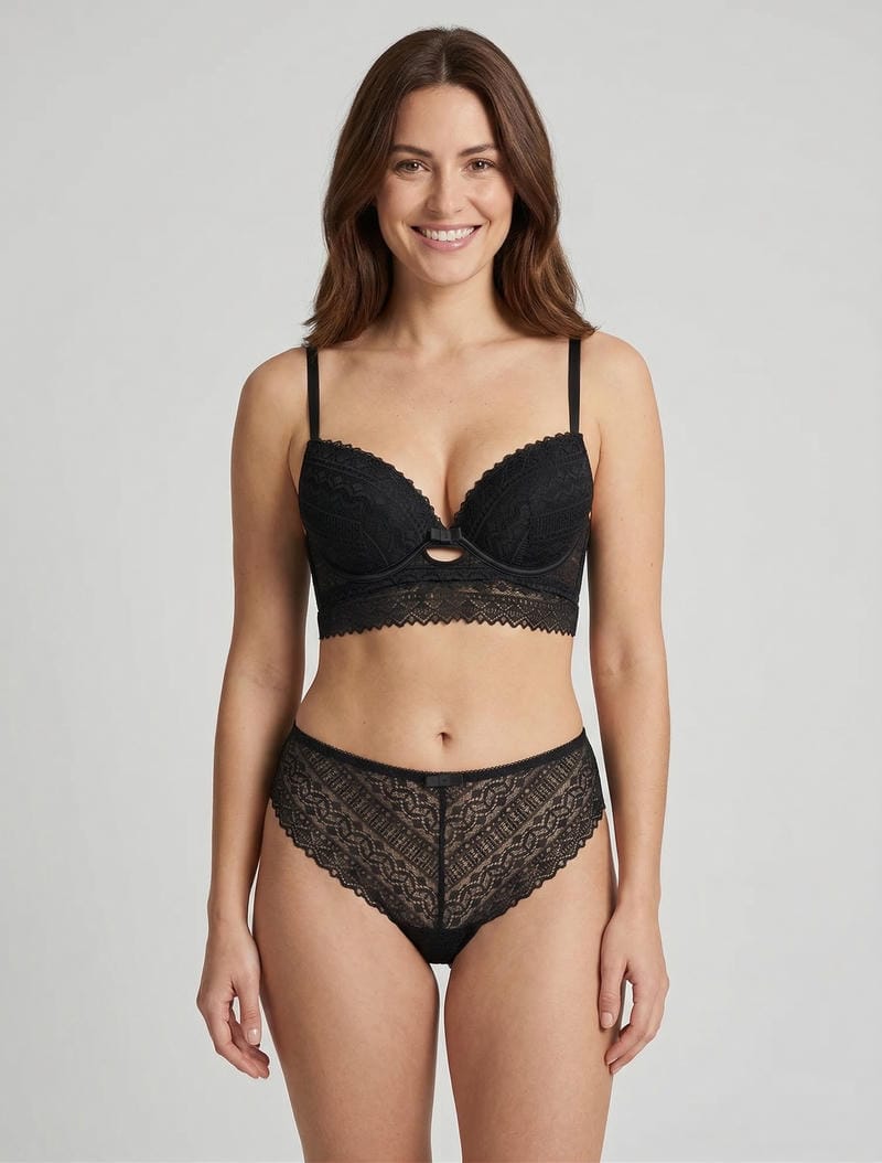 Ensemble reggiseno con fiocchi e perizoma traforato in pizzo. - Nero
