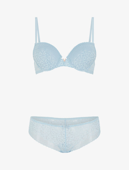 Ensemble soutien-gorge et culotte ajouré et bijou - Bleu ciel - 1