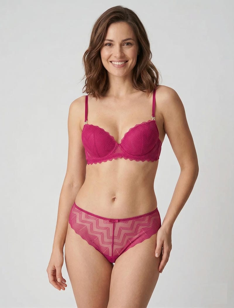 Completo reggiseno e perizoma traforato con gioielli con strass - Fucsia