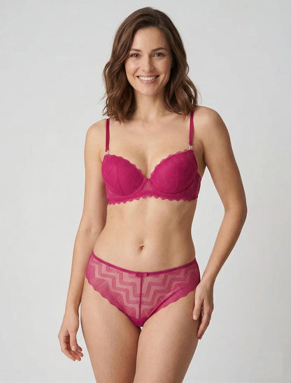 Completo reggiseno e perizoma traforato con gioielli con strass - Fucsia