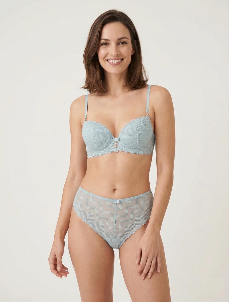 Completo reggiseno e perizoma traforato con gioielli con strass - Verde grigio