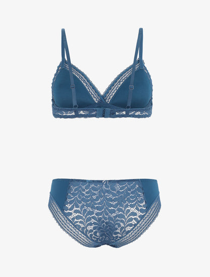 Ensemble push up en dentelle à motifs fleuri - Bleu canard - 3
