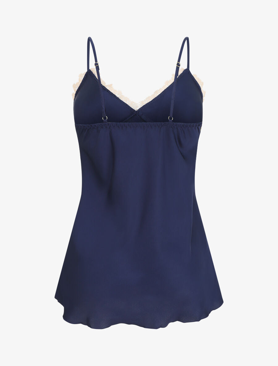 Ensemble caraco et short de pyjama satiné à dentelle - Marine - 2