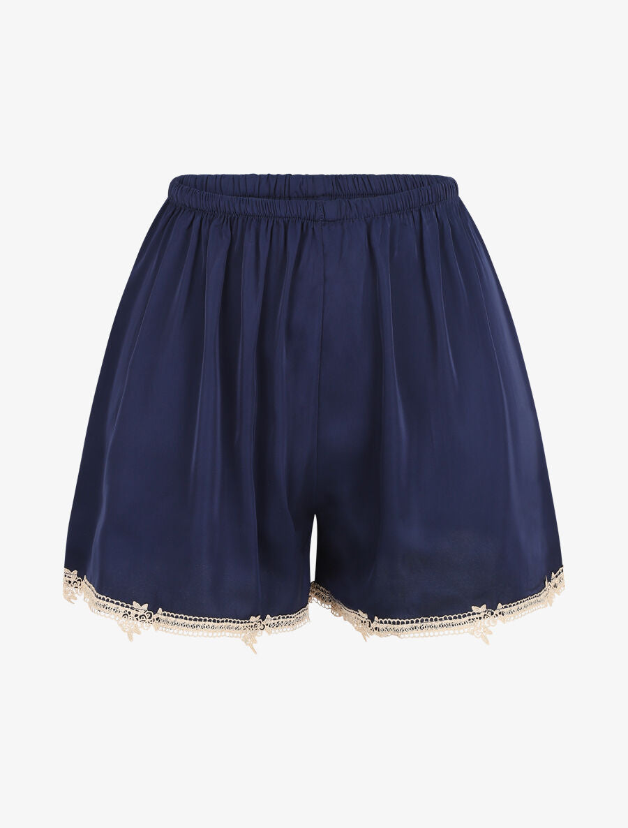 Ensemble caraco et short de pyjama satiné à dentelle - Marine - 4