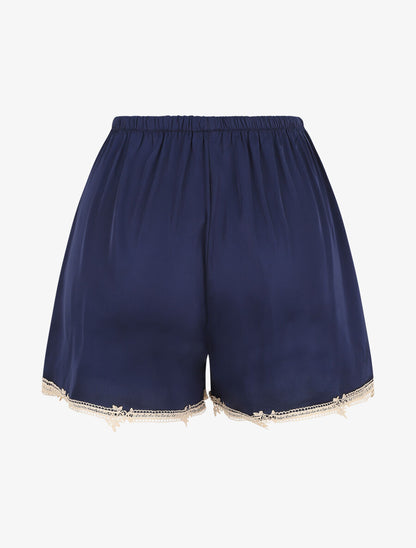 Ensemble caraco et short de pyjama satiné à dentelle - Marine - 5