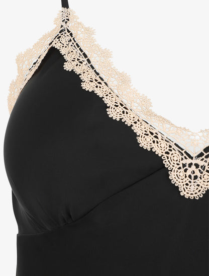 Ensemble caraco et short de pyjama satiné à dentelle - Noir - 3