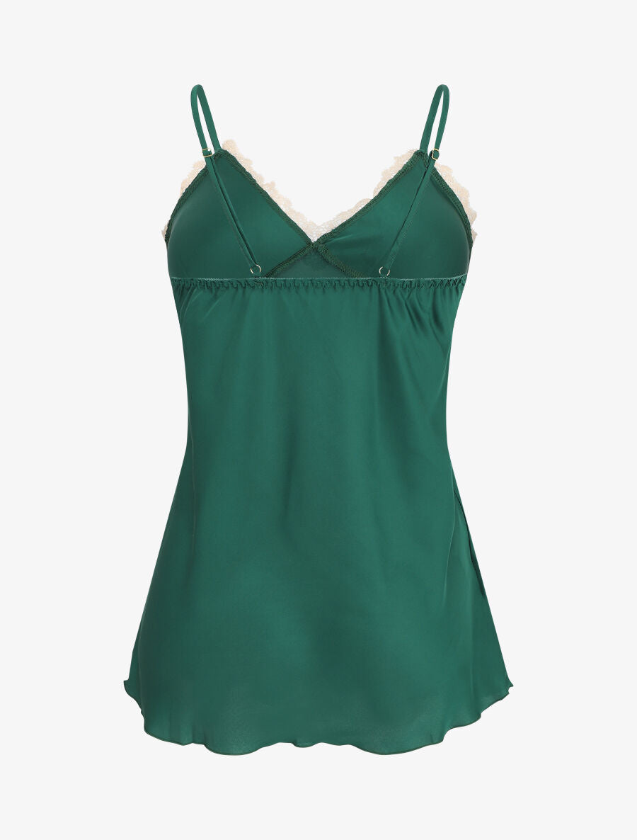 Ensemble caraco et short de pyjama satiné à dentelle - Vert foncé - 2