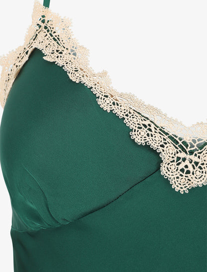 Ensemble caraco et short de pyjama satiné à dentelle - Vert foncé - 3