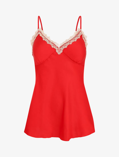 Ensemble caraco et short de pyjama satiné à dentelle - Rouge - 6