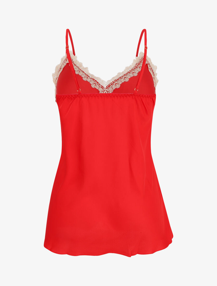Ensemble caraco et short de pyjama satiné à dentelle - Rouge - 2