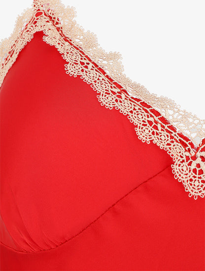 Ensemble caraco et short de pyjama satiné à dentelle - Rouge - 3