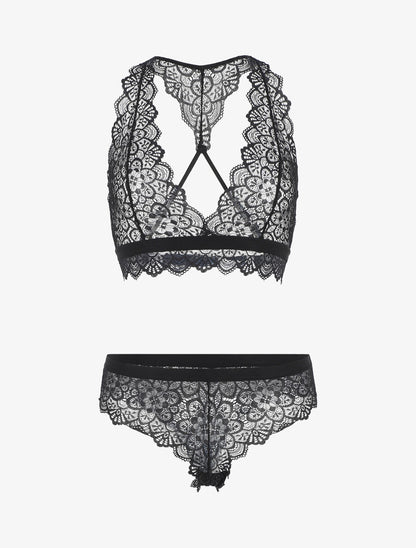 Ensemble soutien-gorge et shorty en dentelle - Noir - 1